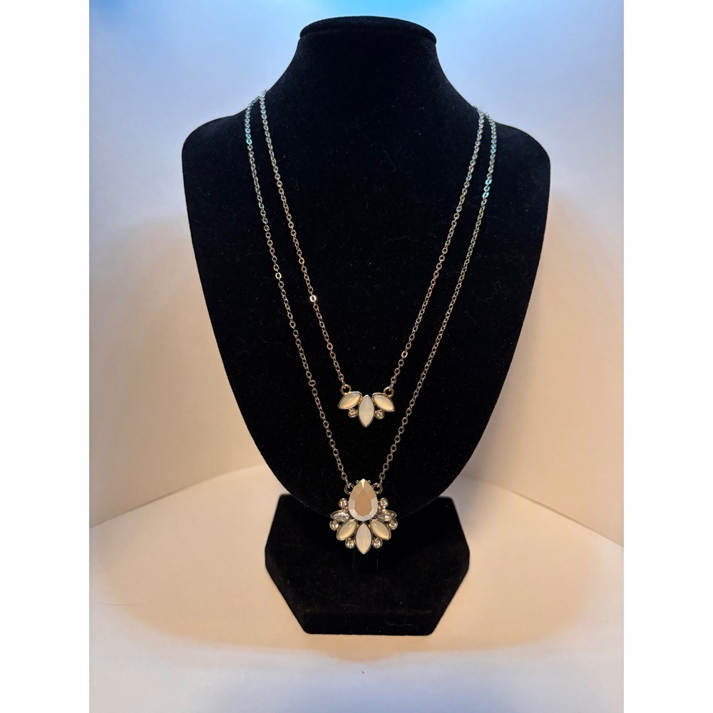 Loft Gold Tone Layered Necklace White Stone Floral Teardrop Pendant